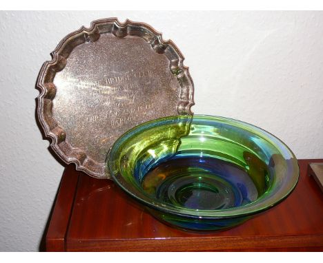 Studio glass swirl bowl and silver plated sherry tray