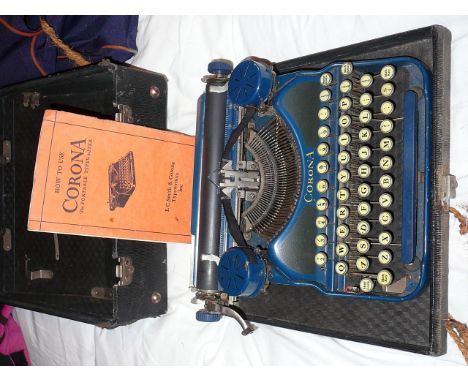 1950s portable Corona typewriter in blue with case and manual