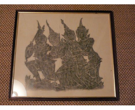 Framed brass rubbing and large framed hunt scene lithograph