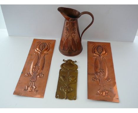 Copper pair of Art Nouveau door fingerplates and jug, with additional brass fingerplate and copper AN planter