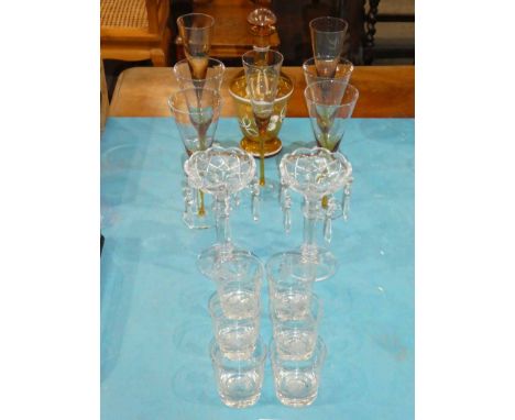Six engraved whisky tumblers, amber glass decanter, seven amber stemmed wine glasses and a small pair of clear glass table lu