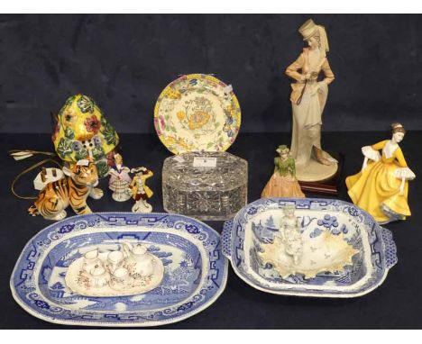 A cut glass lidded trinket box and twelve items of ceramics to include a novelty lamp, dolls tea set, Merli and Doulton figur