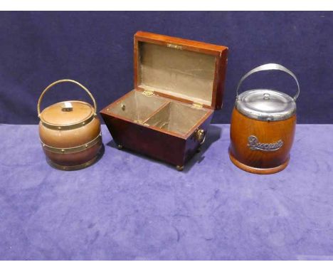 19th Century mahogany sarcophagus tea caddy, an oak biscuit barrel and copper ice bucket