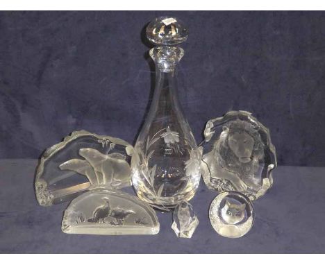 Five Intaglio glass plaques and a Gleneagles crystal etched glass decanter