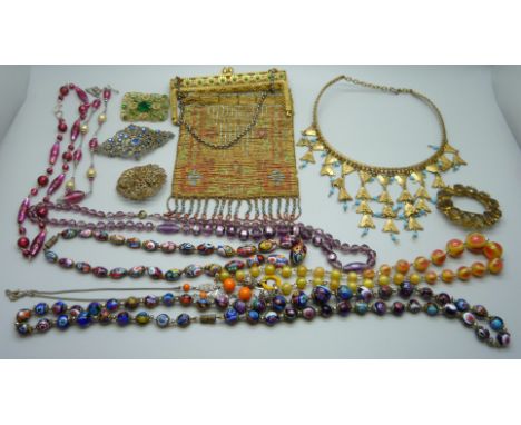 A collection of vintage bead and foil bead jewellery, a purse a/f, etc. 