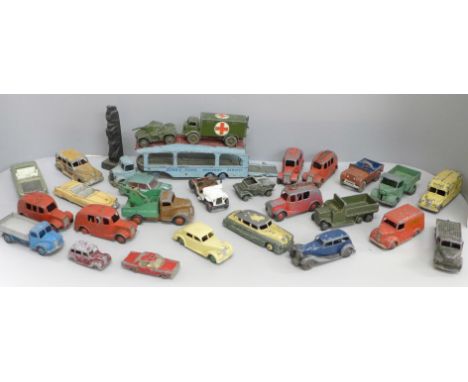 Dinky Toys die-cast model vehicles, mid 20th Century and later, including military, fire tenders, Dunlop Trojan van, Cadillac