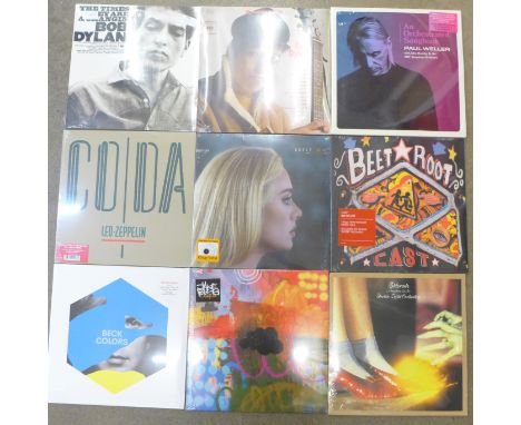Seventeen sealed LP records including Bob Dylan, Paul Weller, Led Zeppelin, Adele 