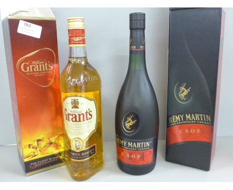 A bottle of Remy Martin champagne cognac and a bottle of William Grant's scotch whisky, boxed 