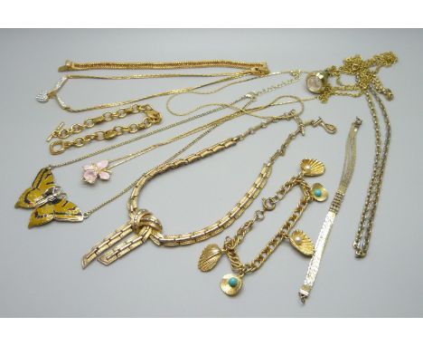 Five vintage necklaces, four bracelets and a Mortima pendant/fob watch on chain 