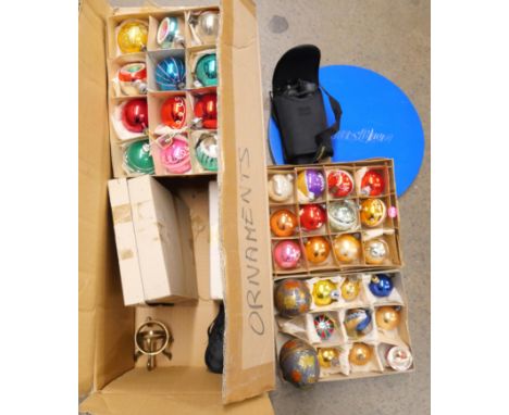 Six boxes of vintage Christmas decorations, 56 in total, two enamel egg ornaments, a Status Quo blue tin LP set, a pair of bi