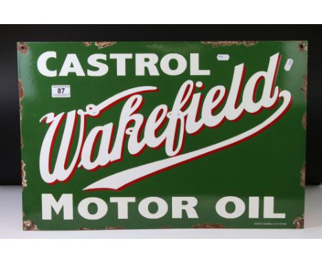 Advertising - Reproduction Castrol Motor Oil Wakefield enamel sign on green ground, 60cm long 