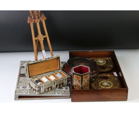 19th century sandalwood blotter, a sandalwood workbox, a Victorian walnut extending book rack, a mahogany tray, an easel &amp