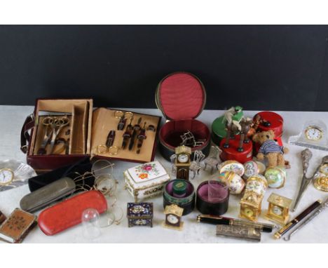 A box of mixed collectables to include Halcyon Days enamel trinket boxes, vintage pocket money toys, spectacles and a small q