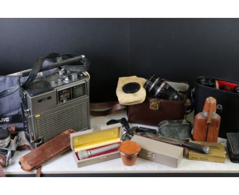 Mixed lot including  Zeiss Ikon Contax Camera, JVC Radio, Leather covered Flask with three stirrup cups, Cased Bell Howell Le