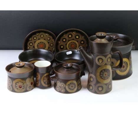 Denby ' Arabesque ' pattern 1970s large dinner &amp; coffee service to include 9 coffee cups, 8 saucers, coffee pot &amp; cov