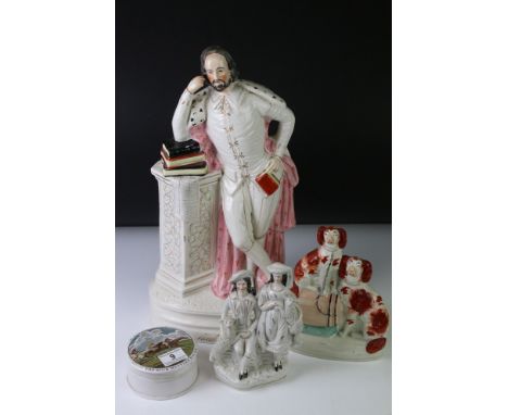 19th Century Staffordshire figure of William Shakespeare, 47cm high, together with two 19th century Staffordshire flatback fi