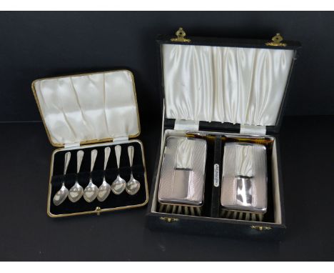 Cased silver topped brush &amp; comb set by Frank Cobb, together with a set of 1938 silver tea spoons 