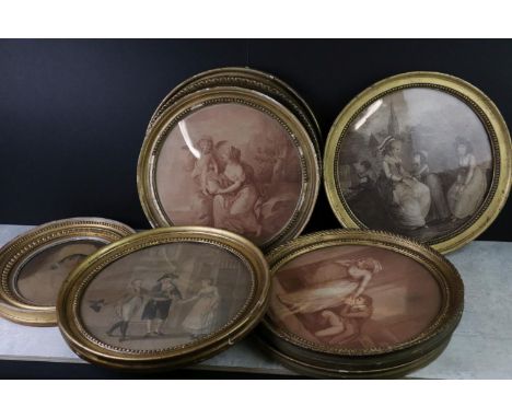 Five 18th century Sepia Circular Stipple Engravings, 28cm diameter together with five further Stipple Engravings and a Portra