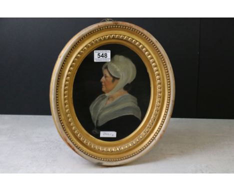 English School Oval Oil Portrait, Head and Shoulders Side View of a Lady wearing a Bonnet, 22cm x 18cm, gilt framed and glaze