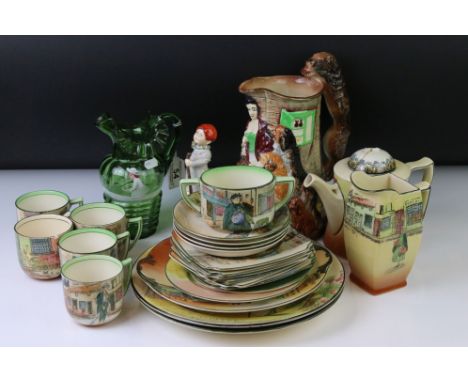 Royal Doulton Dickens ware tea set to include a teapot &amp; cover (lid a/f), sandwich plate, twin-handled sugar bowl, 5 teac