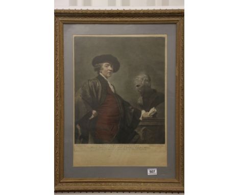 V Green of London gilt framed mezzotint, published 1780, of Sir Joshua Reynolds in cap and cape, inscribed self portrait 