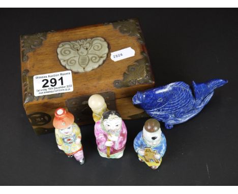 A vintage Chinese box with brass banding and corners and jade centre piece together with a collection of ceramic snuff bottle