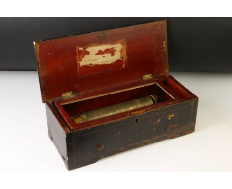 19th Century Swiss cylinder music box fitted with a one-piece comb, stamped 6321, housed within a painted wooden case, floral