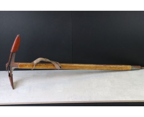 Mid century Austrian ' Stubai ' Climbing Ice Axe with wooden shaft and leather cover to head, 92cm long 