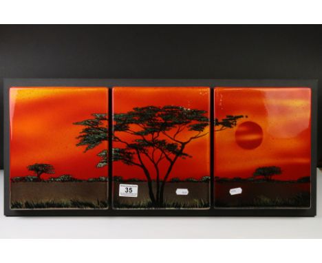 Poole Pottery 'African Sky' design ceramic three-tile wall panel, a unique signed studio piece by Alan White, with certificat