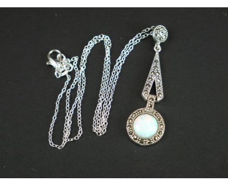 Silver and marcasite Art Deco style pendant necklace with opal panel 