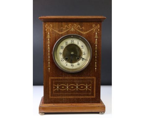 Early 20th Century mahogany and oak mantle clock of rectangular form, with inlaid bow &amp; strung decoration, brass and crea