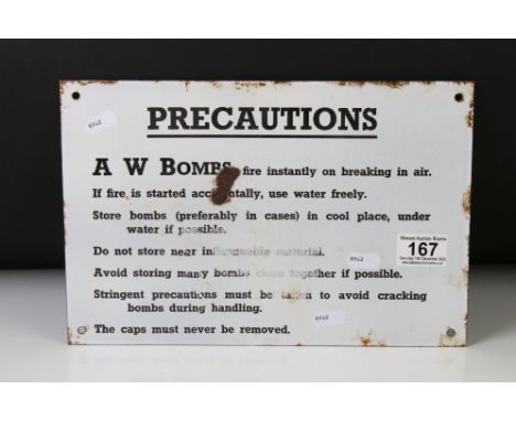 A W Bombs ' Precautions ' enamel sign advising safe munitions storage information, black lettering on white ground, measures 