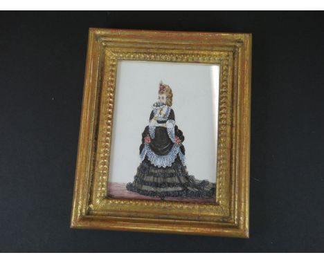 19th century Continental School, full length portrait miniature of a lady in a black dress, initialled ' SF ' lower left, app