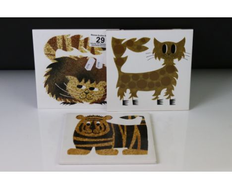 Three Kenneth Townsend 1960s/70s ceramic animal tiles to include a Cheshire Cat, Tiger and Spikey Cat, printed 'designed by K