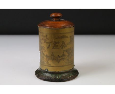 Chinese Wooden and Brass Cylindrical Tea Caddy, 14cm high 