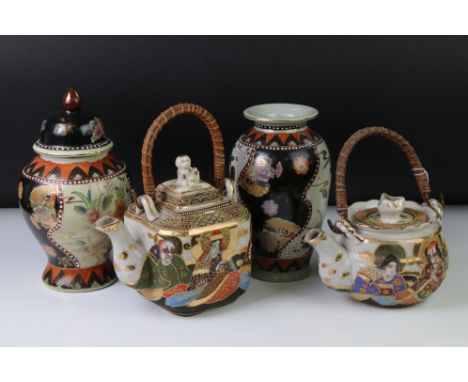 Two Chinese crackle glaze teapots &amp; covers with wicker handles and enamel &amp; gilt figural decoration, comprising and s
