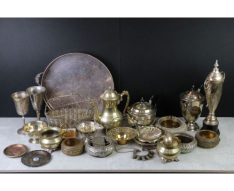 Mixed Lot of Silver Plate including Wine Bottle Holder, Three piece Tea Service, Circular Gallery Tray, Trophy, etc plus Afri