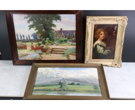 Three Oil Paintings including Girl with a Lute, 17cm x 28cm, Garden Scene, 45cm x 36cm and a Church under a Stormy Sky, 45cm 