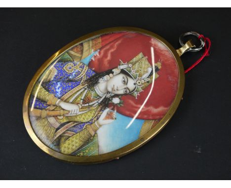 19th century Indian portrait miniature of a Princess holding a flower in her left hand, height approx. 1050mm 