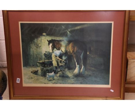 David Shepherd, Signed Limited Edition Print of a Blacksmith and Horse titled ' The Old Forge ' no.299/850, with gallery blin