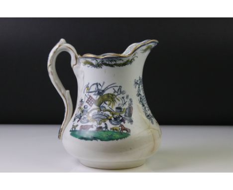 19th Century ceramic cider jug with transfer printed and hand-coloured decoration to include farming scenes, 'Trust In God' m