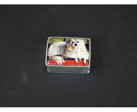 Silver pillbox with enamel lid depicting a long haired dog 
