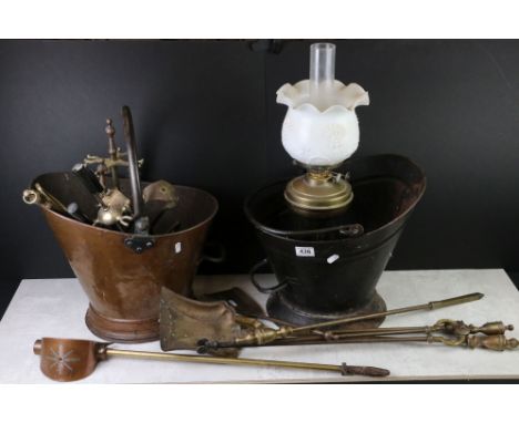 Mixed Metalware including Copper Coal Scuttle, Metal Coal Scuttle, Brass Oil Lamp with opaque glass shade and chimney and var