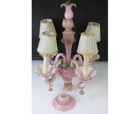 20th Century moulded pink glass 4-branch electrolier with spiralled glass branches, hanging floral 'droplets', lobed scones, 