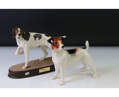 Beswick Pointer dog figure on porcelain plinth base, together with a Melba Ware Jack Russell dog figure 