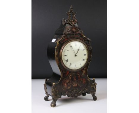19th Century French Boulle style Mantle Clock with faux tortoiseshell inlay, gilt metal scrolling mounts, convex white enamel