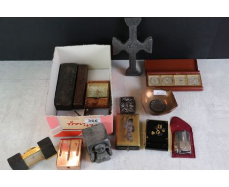 Collection of mixed ephemera to include an Irish Celtic cross, a Japanese box, a travel clock with barometer and temperature 
