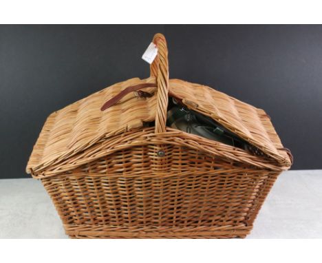 Wicker Twin Lidded Picnic Hamper, fitted with 4 plates and 4 mugs, 54cm x 34cm (a/f) 