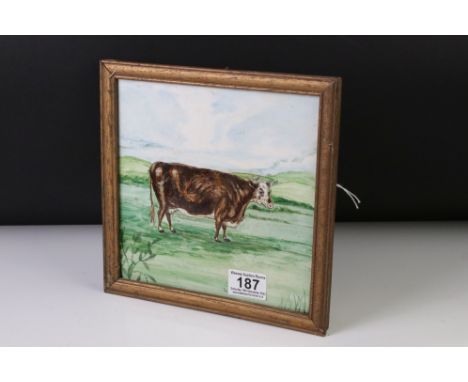 Rare Minton &amp; Hollins hand painted ceramic tile depicting a provincial study of a bull in a meadow 