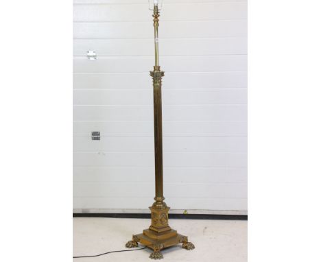 Heavy Brass Corinthian Column Standard Lamp on square step base with four lion paw feet, 162cm high 